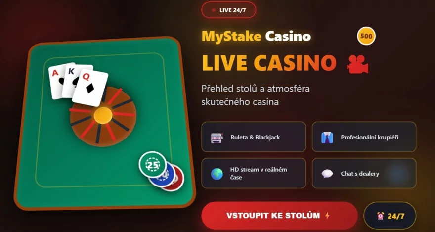 Live casino v MyStake: Přehled stolů a atmosféra skutečného casina 🎥