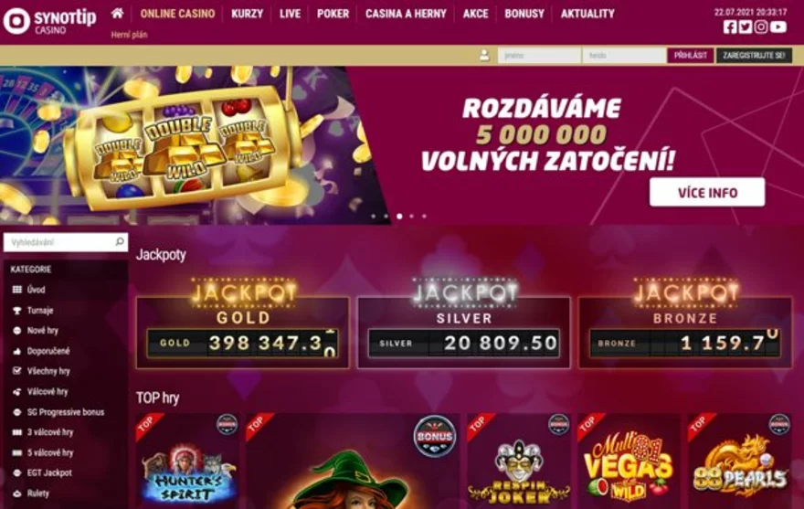 Synot tip Casino home page
