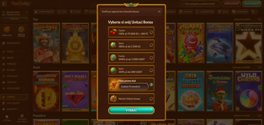 Náhled na registrační formulář AmunRa s polem pro zadání promo kódu