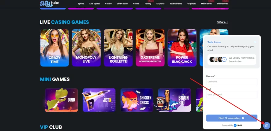 MyStake live chat v dolním rohu obrazovky