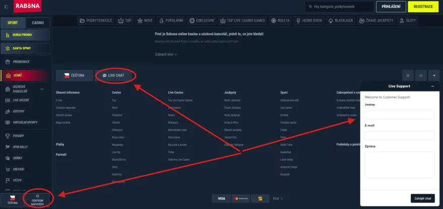 Live Chat Rabona, kde ho najít na webu