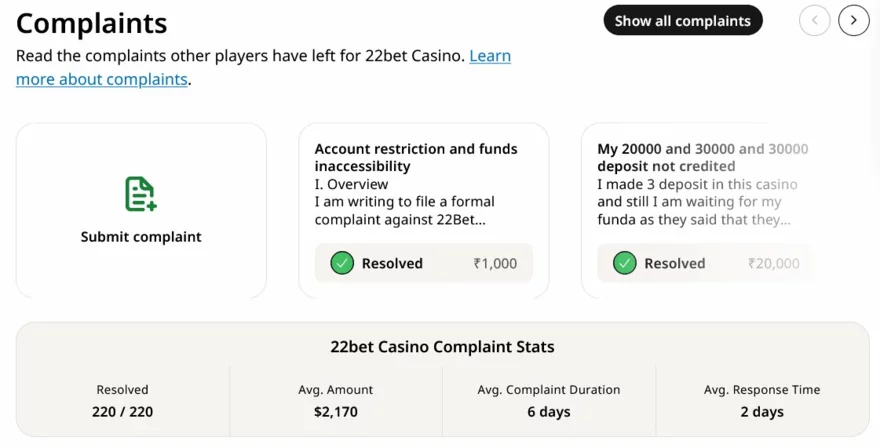 stížnosti a řešení na 22Bet u AskGamblers