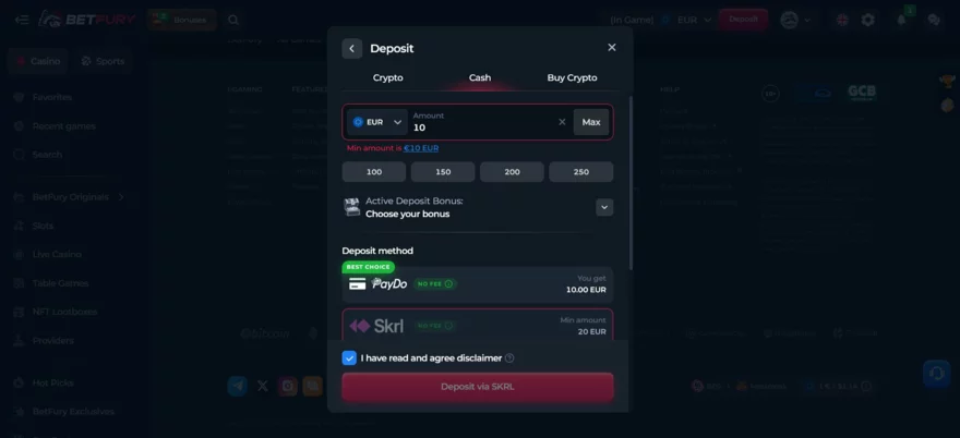 Minimální vklad 10 eur na betfury