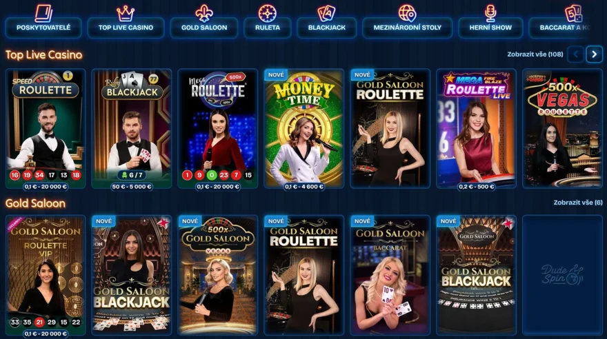 dudespin live casino pro české hráče