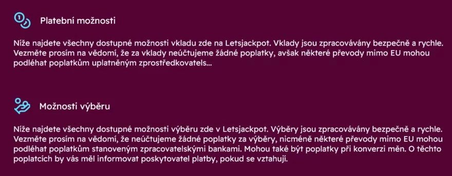 platební metody letsjackpot pro výběr