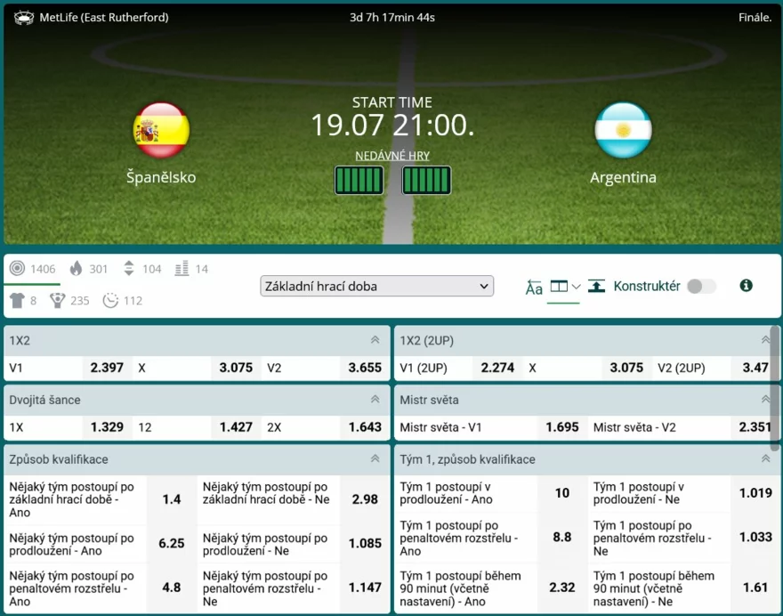 Sázení na finále Španělsko vs. Argentina na 22Bet a kurzy
