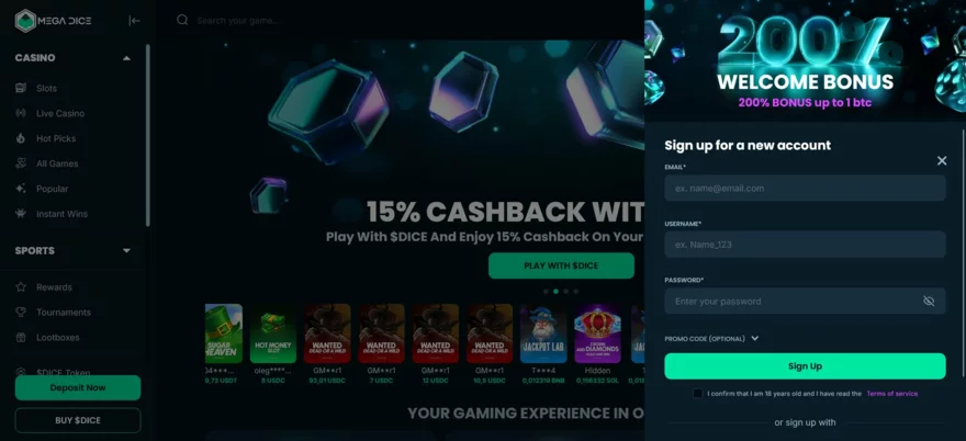 mega dice casino recenze - živý chat