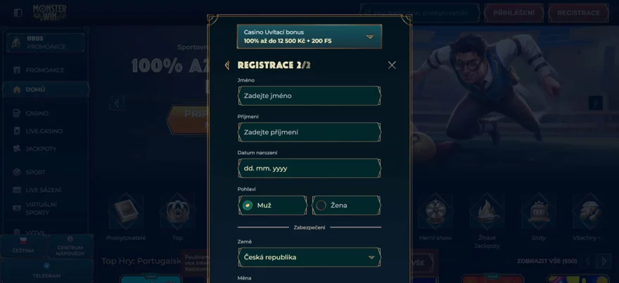 vyplnění registračního dotazníku monsterwin
