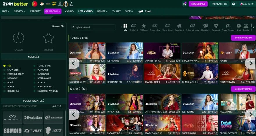 spinbetter živé casino pro české hráče