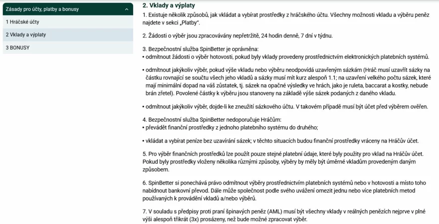 spinbetter podmínky výběrů a vkladů