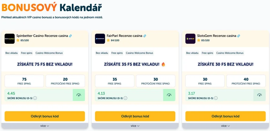 bonusovy kalendář na SazeniOnline s bonusy a free spiny bez vkladu