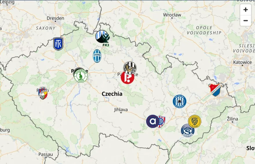 Týmy a mapa ČR z Chance Ligy
