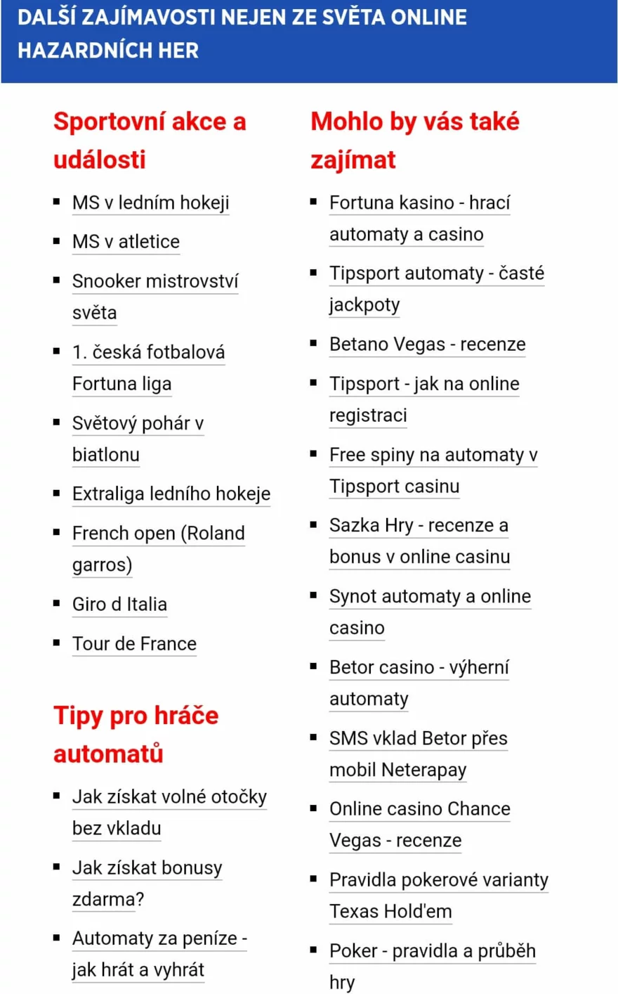 Sekce na webu casinoarena.cz