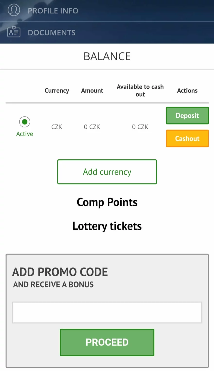 Formulář pro správu účtu a uplatnění bonusového kódu v Playamo Casinu