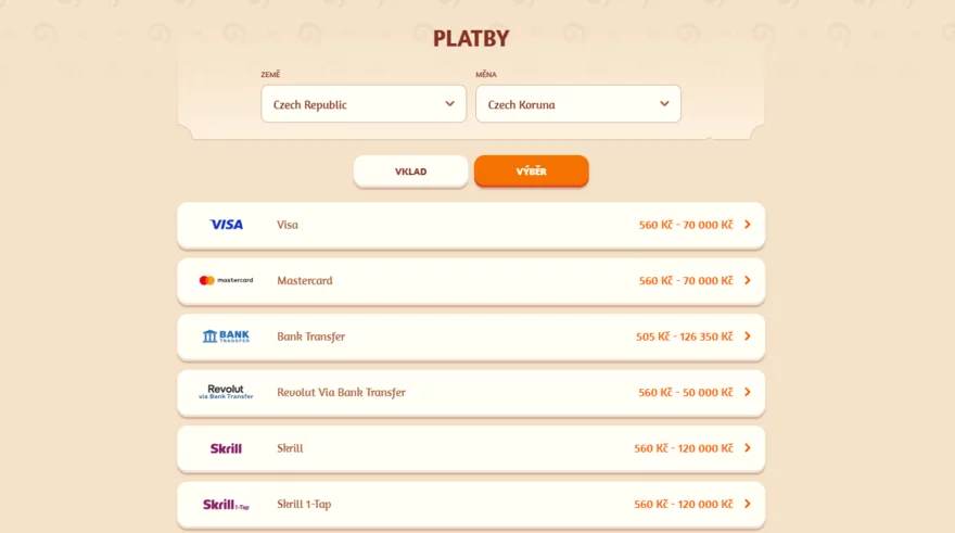 BillyBets vklady a výběry