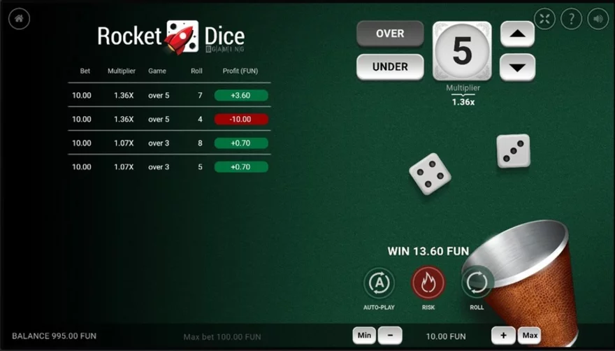 Rocket Dice: Hra kostky - nižší vyšší v online casinu Kiny Billy
