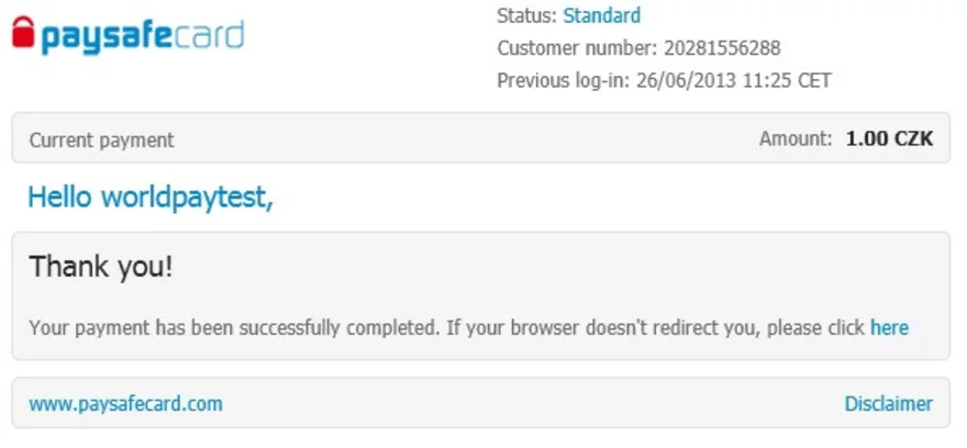 Potvrzení platby v My Paysafecard