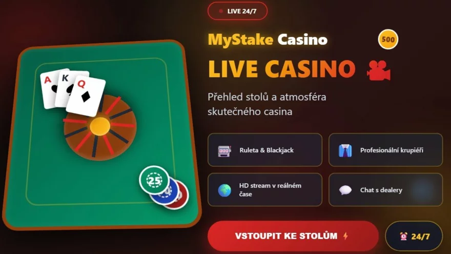 Live casino v MyStake: Přehled stolů a atmosféra skutečného casina 🎥