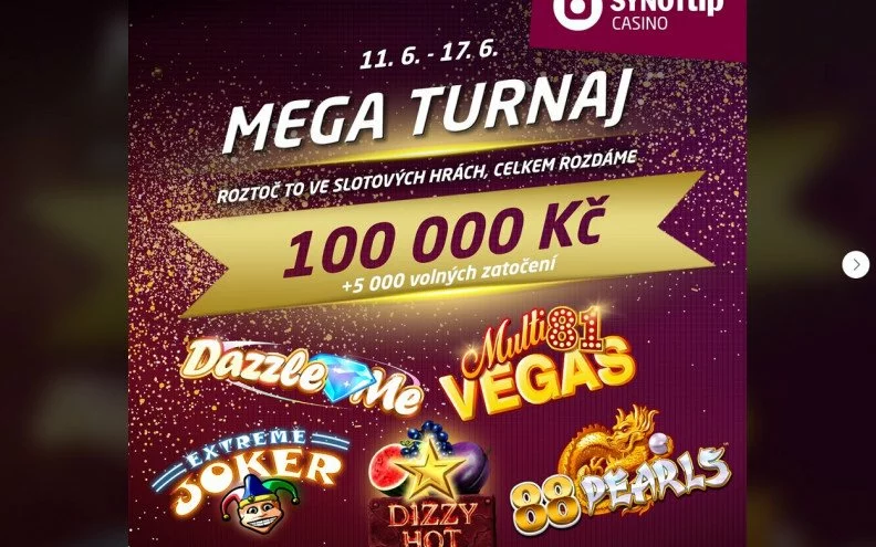 Červnový MEGA turnaj o 100 000 Kč a 5 000 volných zatočení v SynotTIPU startuje právě dnes!